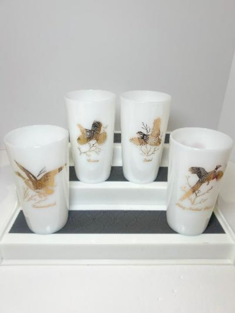 4 Federal Milk Glass 22k Gold Game Birds Tumblers Vintage Mid-Century